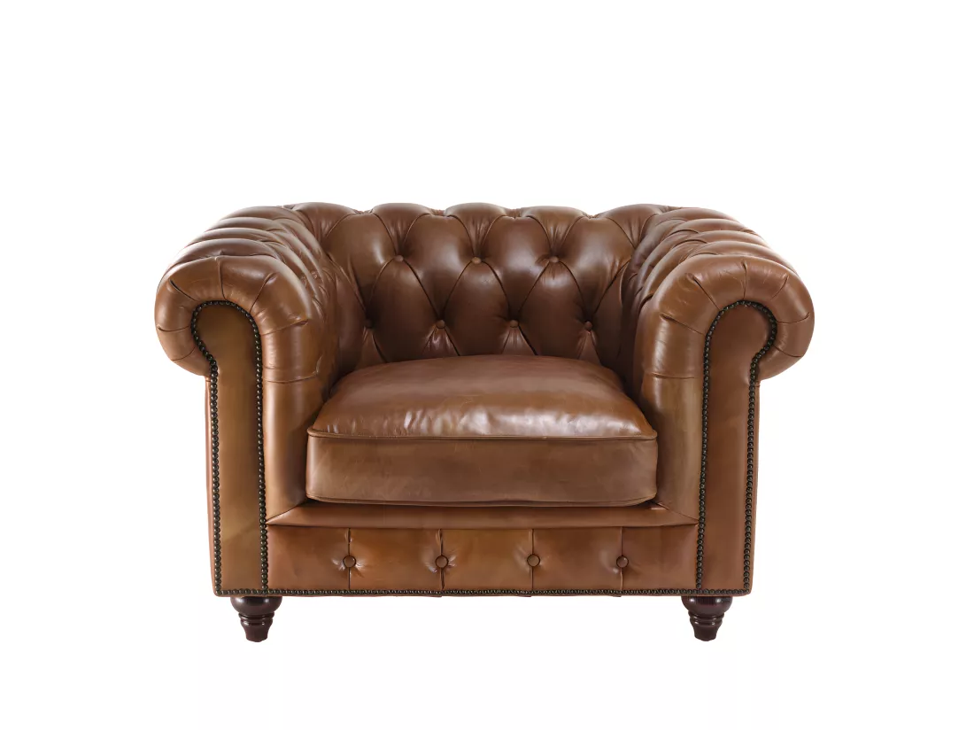 GASTON - Fauteuil marron CHESTERFIELD capitonné vintage 1 place cuir pieds bois