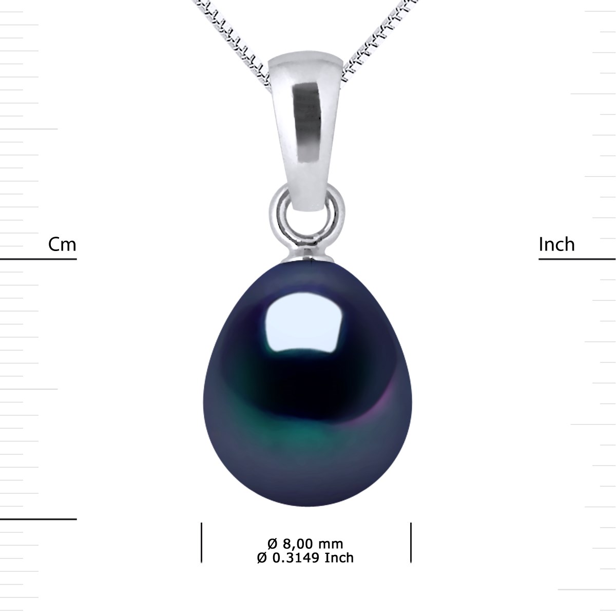 Pendentif Perle d'Eau Douce Poire 8-9 mm Noire Or Blanc 18 Carats Livré avec Chaîne