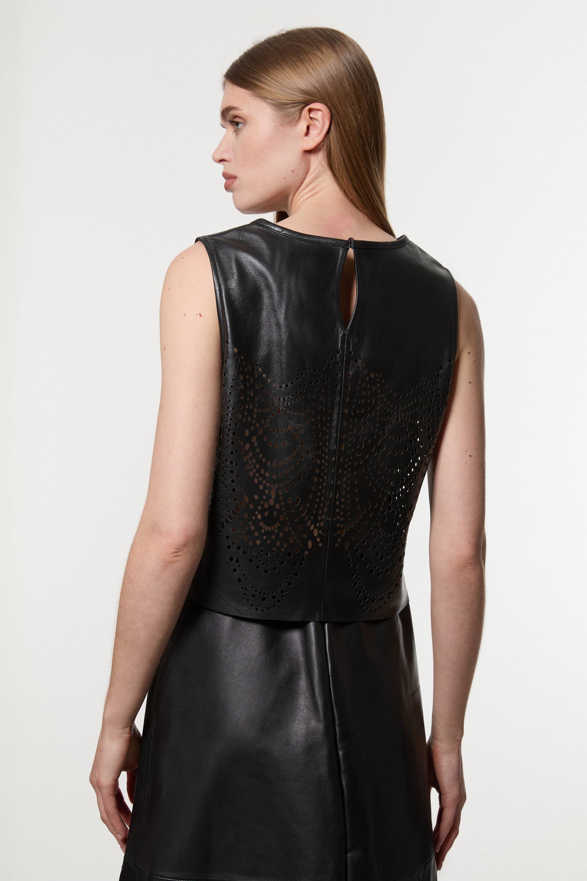 KarenMillen Amelia Graham Leather Cutwork Tailored Shell Top