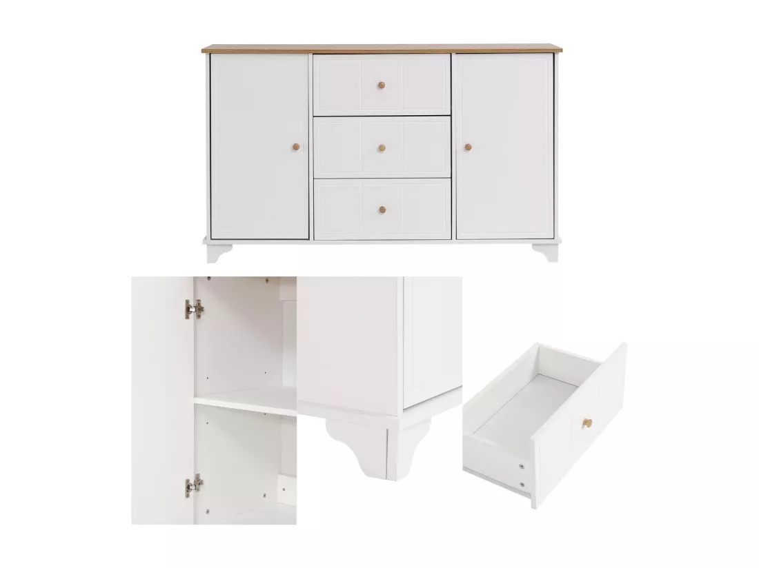 Commode moderne - 3 tiroirs et étagères réglables - en MDF et panneaux de particules - Blanc & Naturel