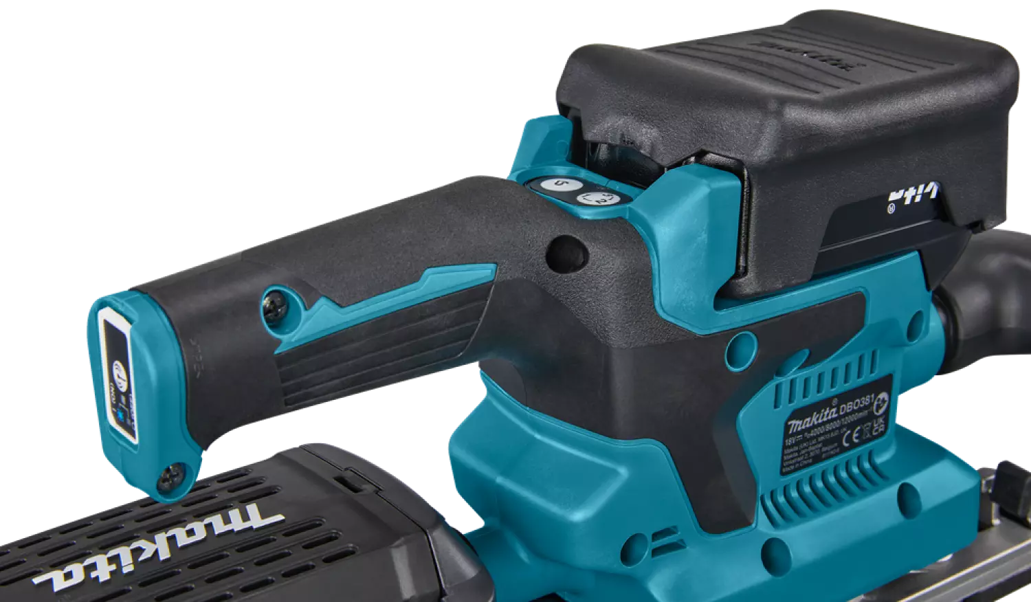 Makita DBO381RTJU 18V Li-ion accu vlakschuurmachine set (2x 5,0Ah) in Mbox incl. AWS zender - 93x230mm - koolborstelloos