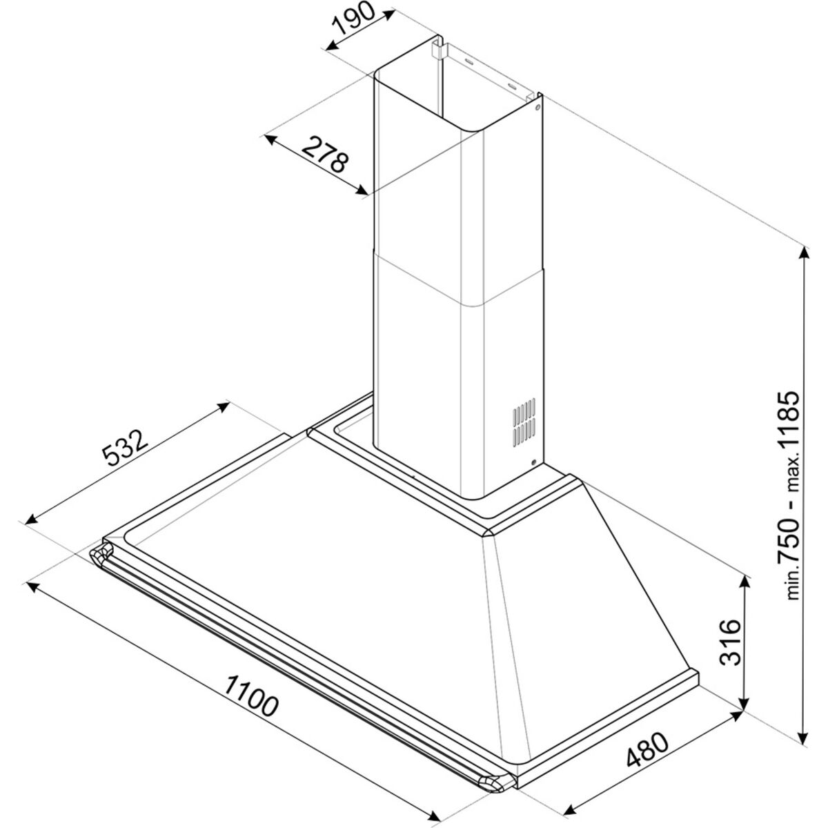 KT110BLE Veggmontert Ventilator 110 cm, Svart