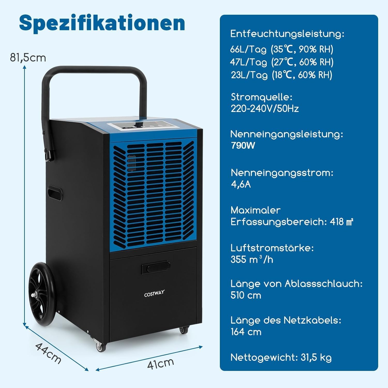 FANTASK Luftentfeuchter mit 4 Rädern, Bautrockner 66 L/Tag mit Pumpe & Ablaufschlauch, Industrie Trocknungsgerät mit 24H Timer für Keller Baustelle Lager, Blau