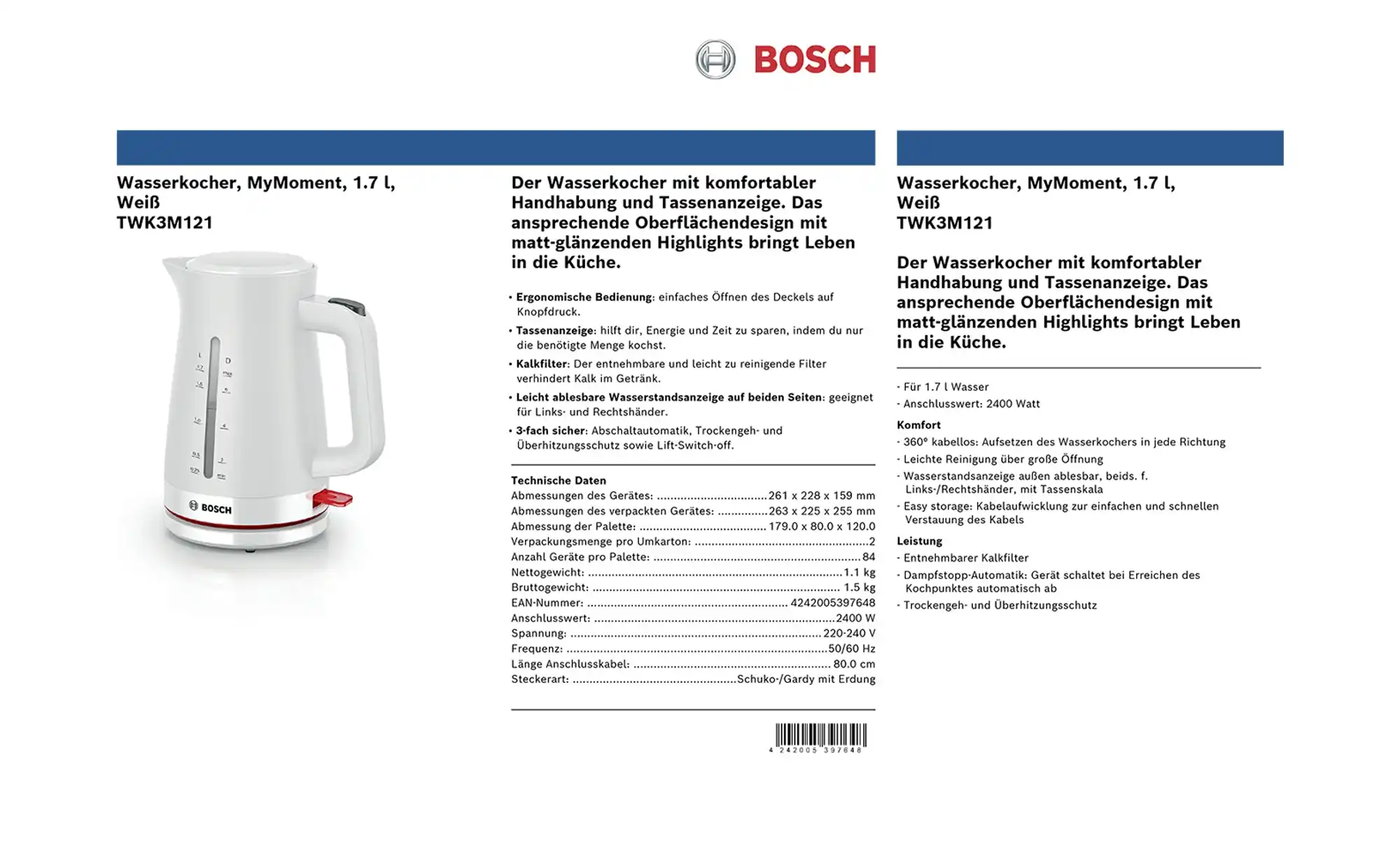 BOSCH Wasserkocher TWK3M121