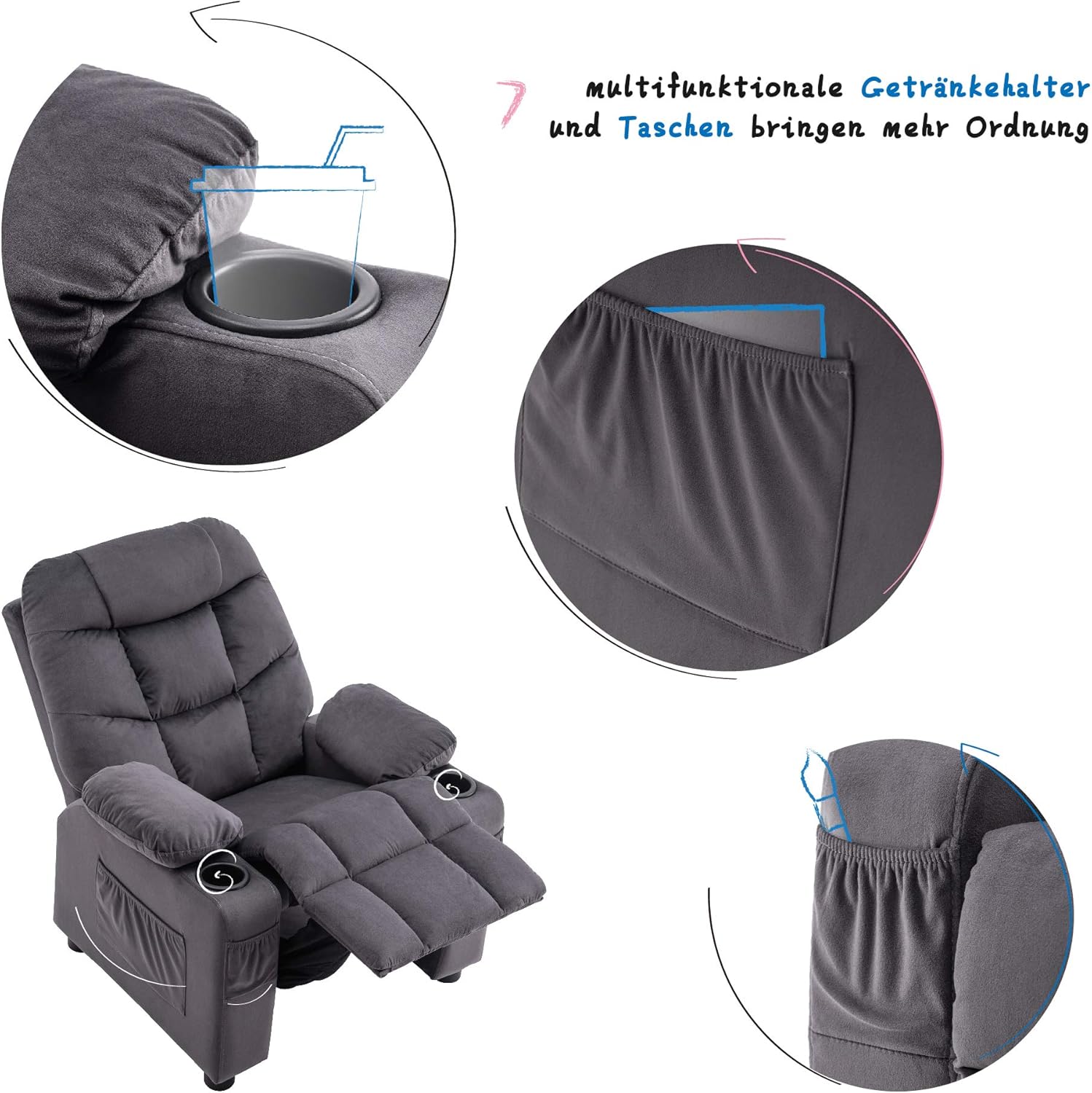 MCombo Kids Sessel Jugend- und Kindersofa Kindersessel mit Liegefunktion 7355 (Dunkelgrau)