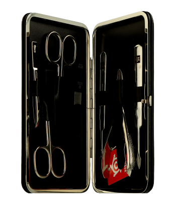 Pfeilring Manicure-Sets Rahmen-Etui, Rindleder, braun, vernickelte Instrumente 7-teilig