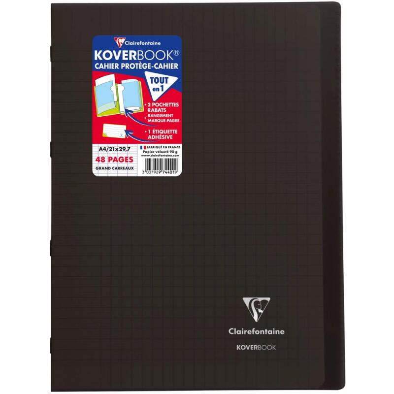 Cahier piqué Koverbook A4 48 pages grands carreaux couverture polypropylène transparent - Assortis
