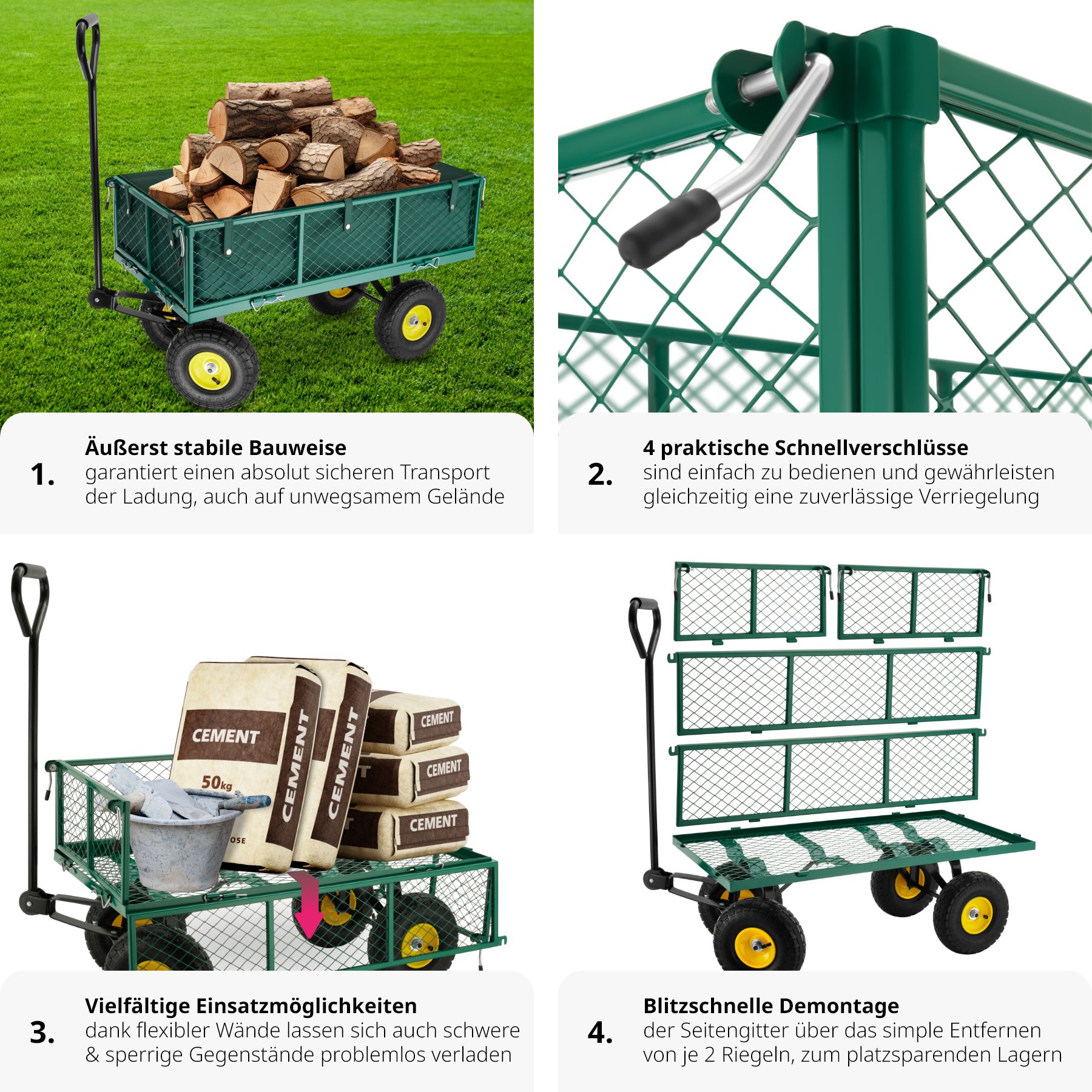 tectake® Bollerwagen, mit klappbaren Seitenwänden, leichtgängige Lenkachse mit gepolstertem Griff, Belastbarkeit 350 kg