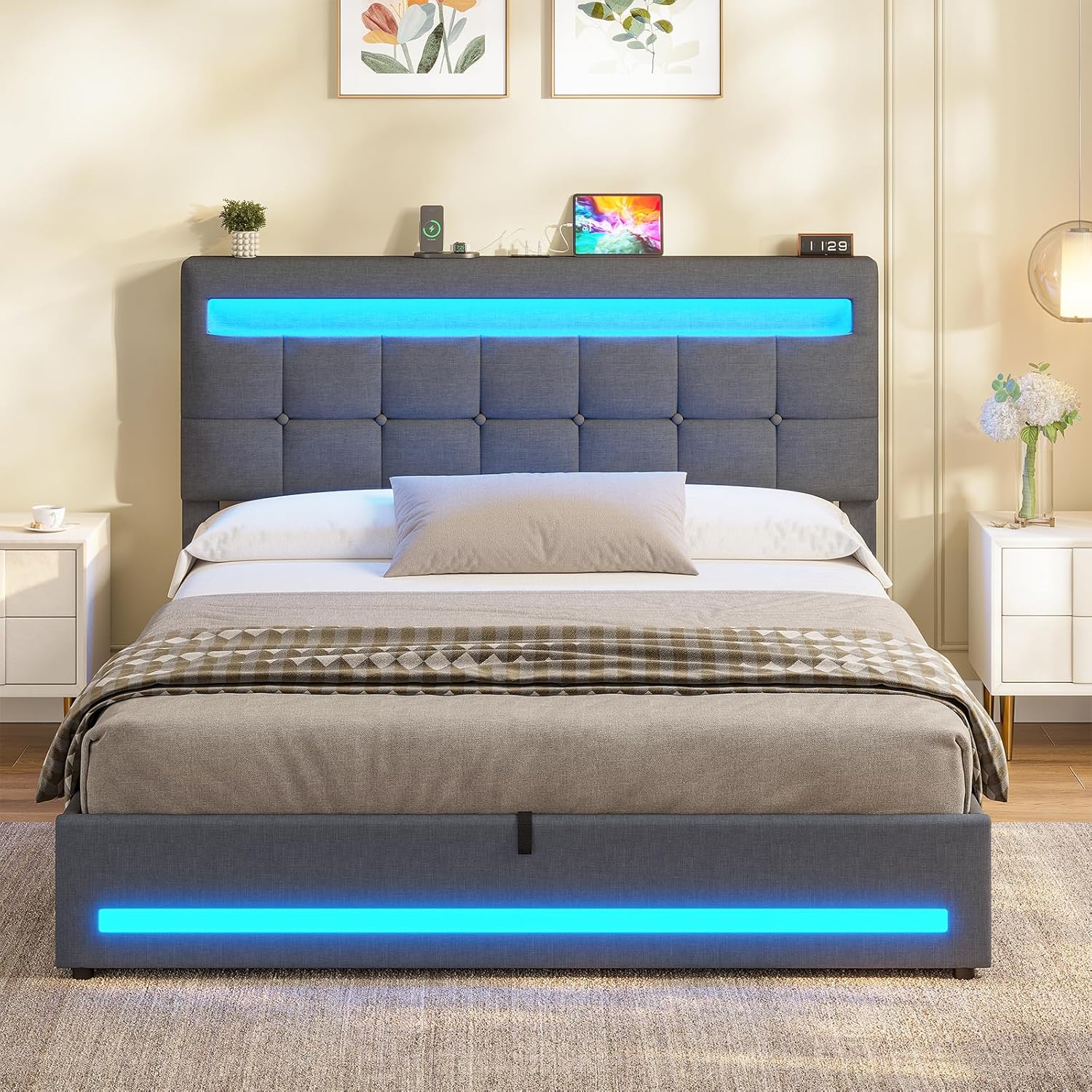 AOGLLATI Polsterbett 140 x 200 mit LED Beleuchtung und Ladestation, Bettgestell mit Höhenverstellbares Kopfteil und Stauraum, Hydraulisches Bett 140 x 200 cm,Lattenrost, Linen,Ohne Matratze,Dunkelgrau