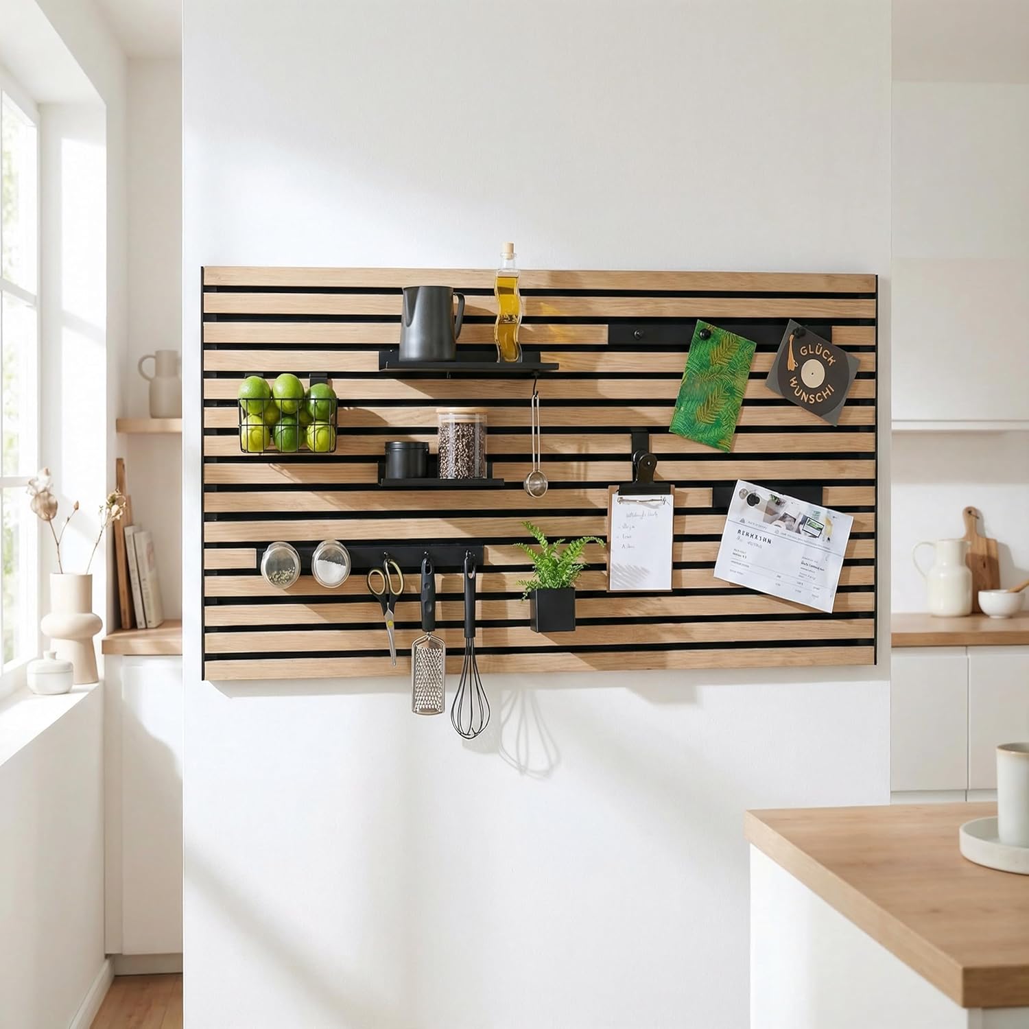 Steinmine - Designmanufaktur Wandorganizer (60 x 120 cm) - Akustikpaneel mit Eichenholzlamellen - inkl. Zubehör - einfache Montage - für Büro, Flur, Küche, Bad und mehr