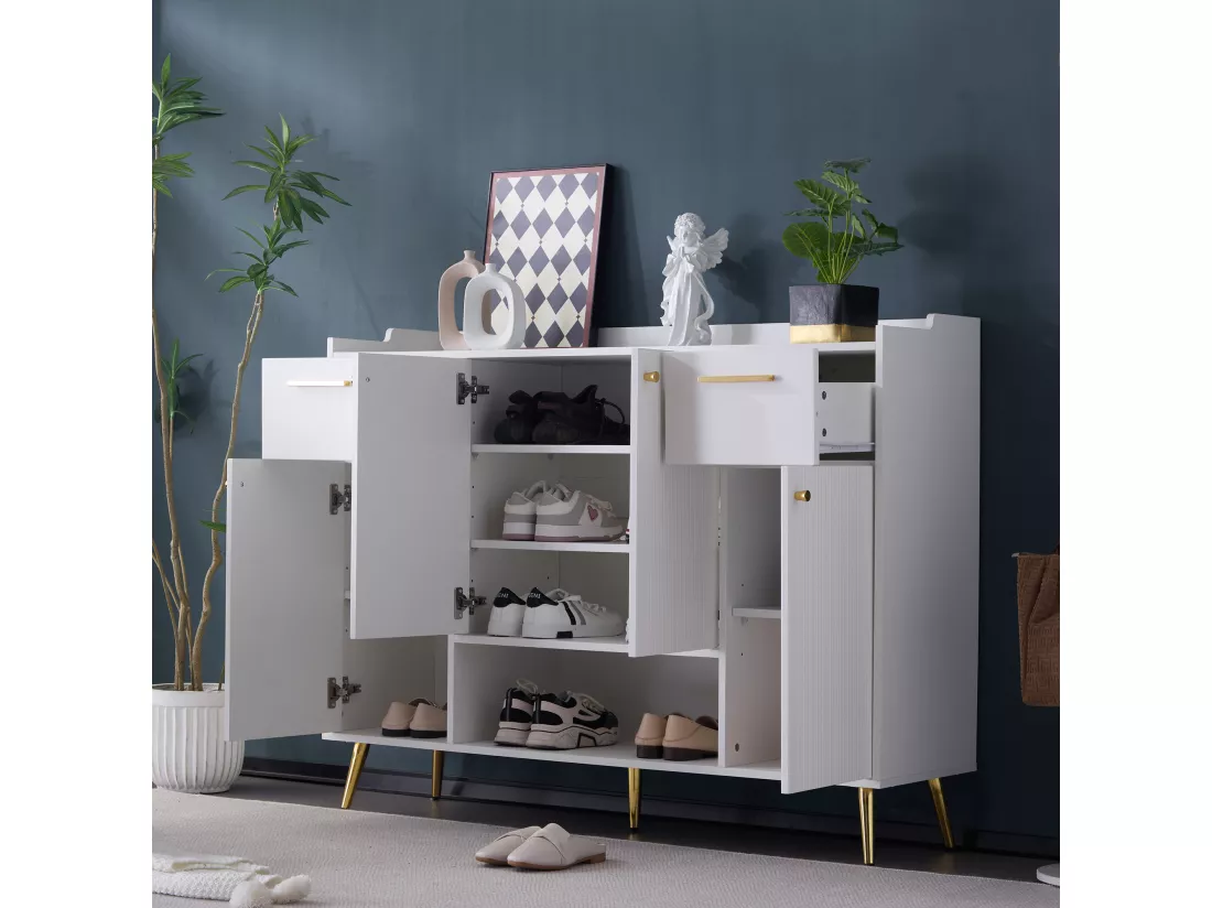 Meuble à chaussures avec 2 tiroirs et 4 portes - 130 x 37 x 100 cm - pieds en métal et panneaux de particules -Blanc