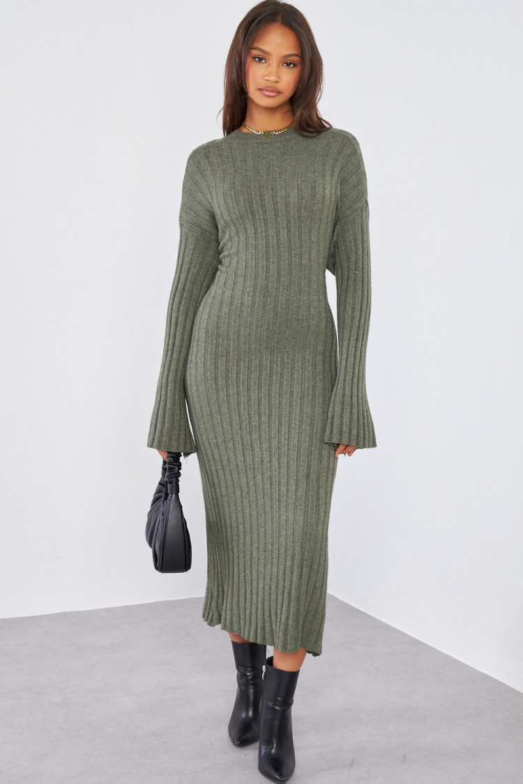 Robe kaki moulante longue côtelée