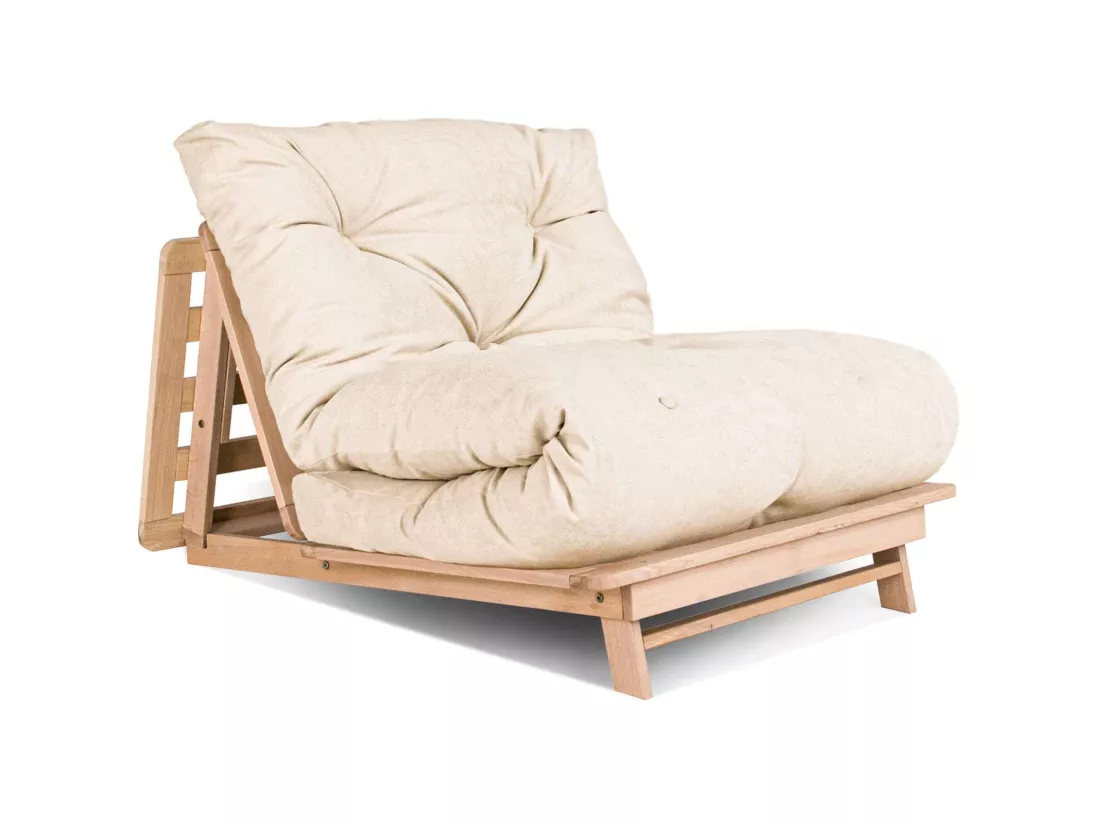 Canapé Lit Convertible en Bois avec Matelas Beige Confort Crème