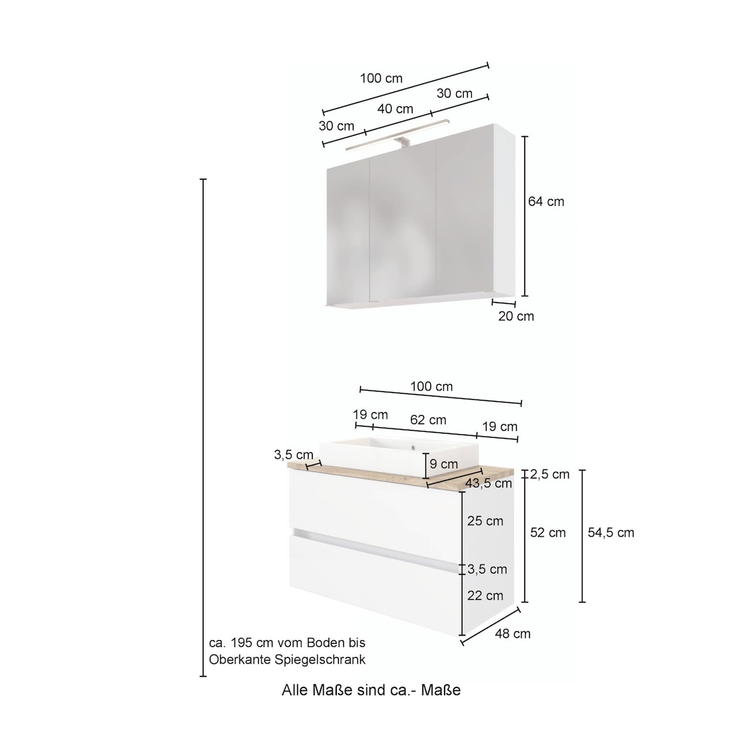 Waschtischkombi Bregenz grau B/H/T 100x200x47 cm