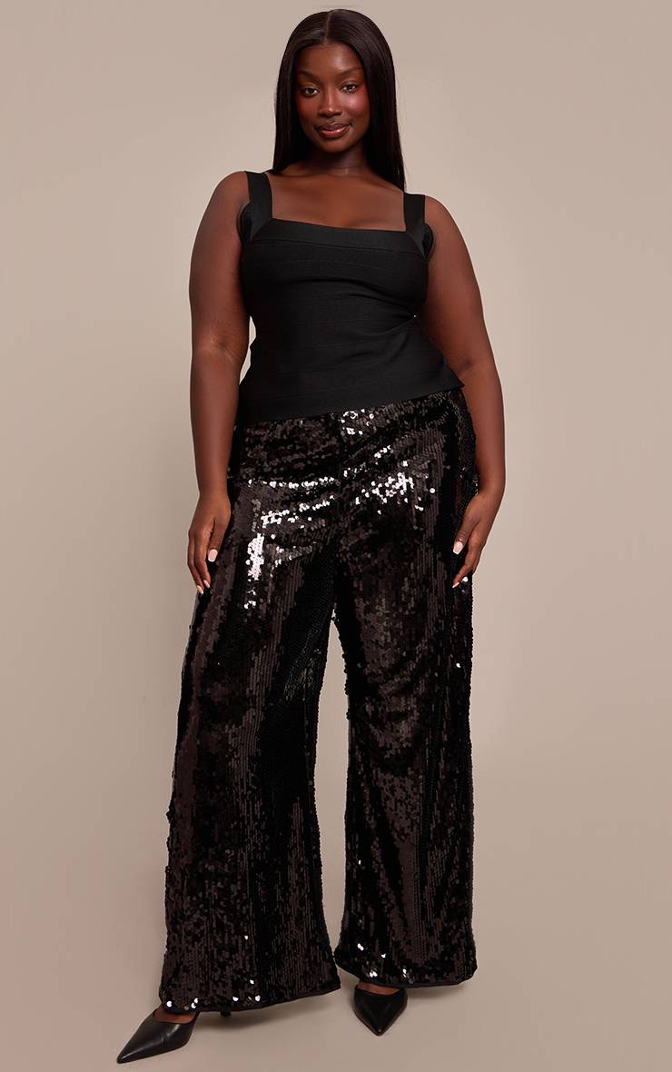 Noir Pantalon Large Évasé À Sequins Grande Taille