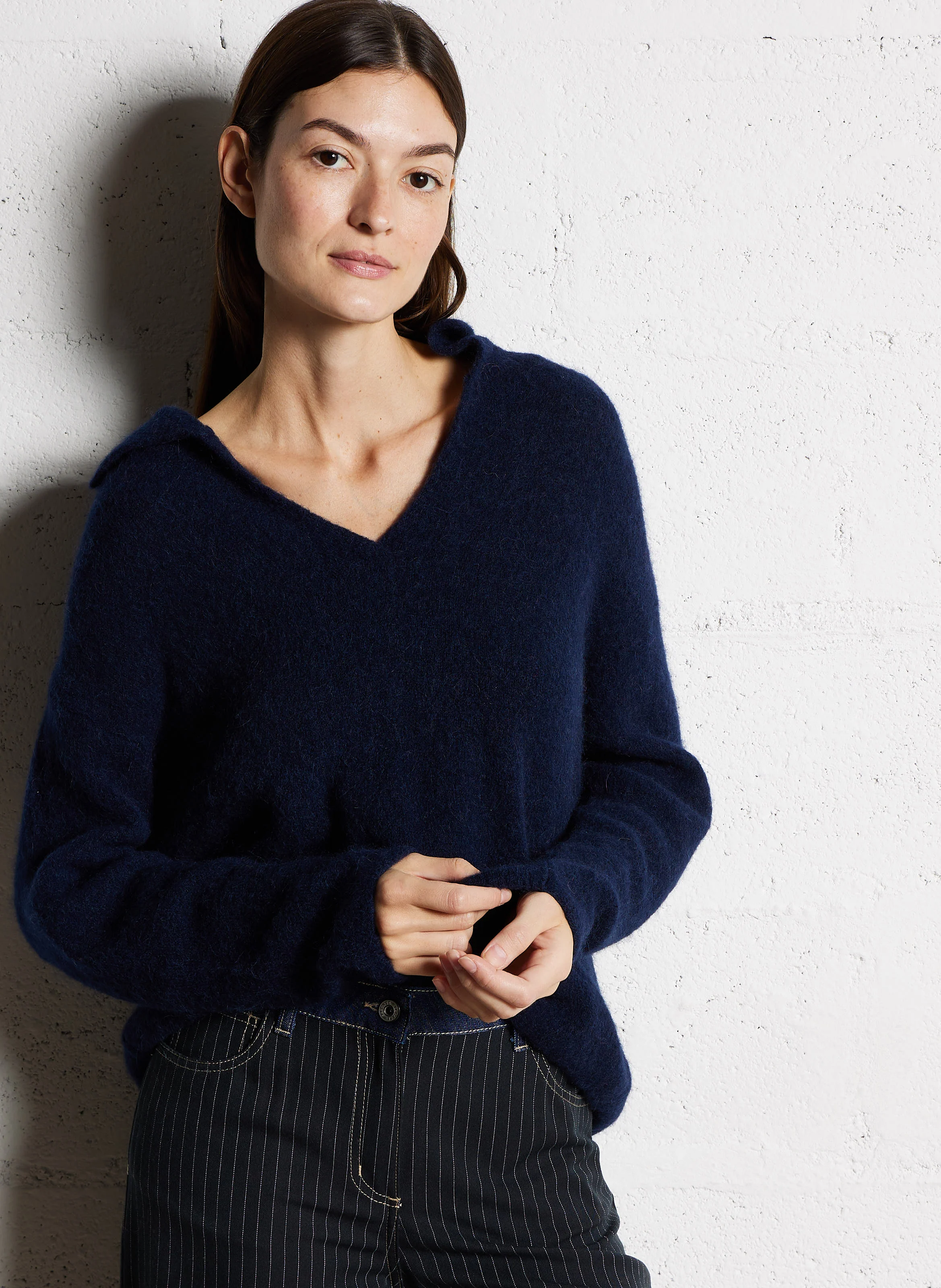 Pull col polo en laine mélangée | Bleu