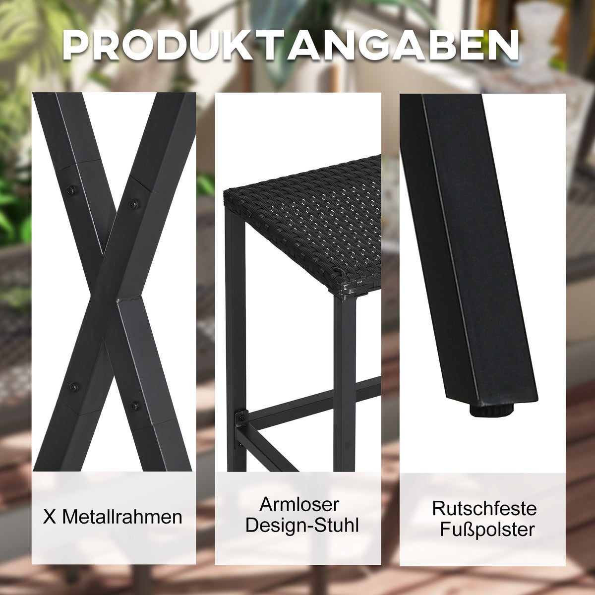 Outsunny Tuinbarset, Rotan Bartafel met 4 Barkrukken, Statafel met Luifel, Zitgroep met Voetensteun, Staal, Zwart