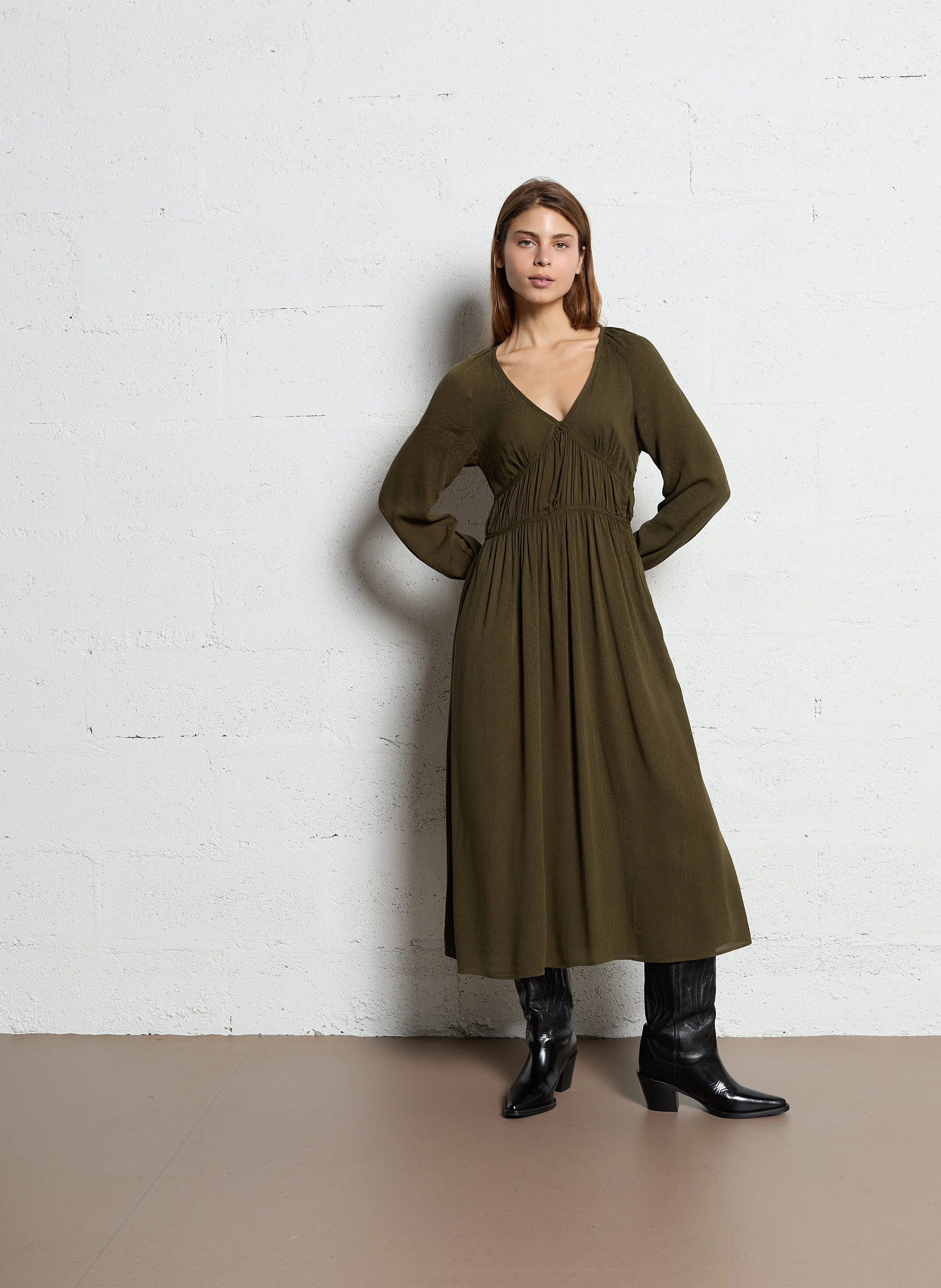 Robe longue col V | Vert