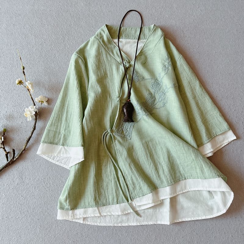 CosmoCorner - Effen Hanfu-blouse met 3/4 mouwen en V-hals