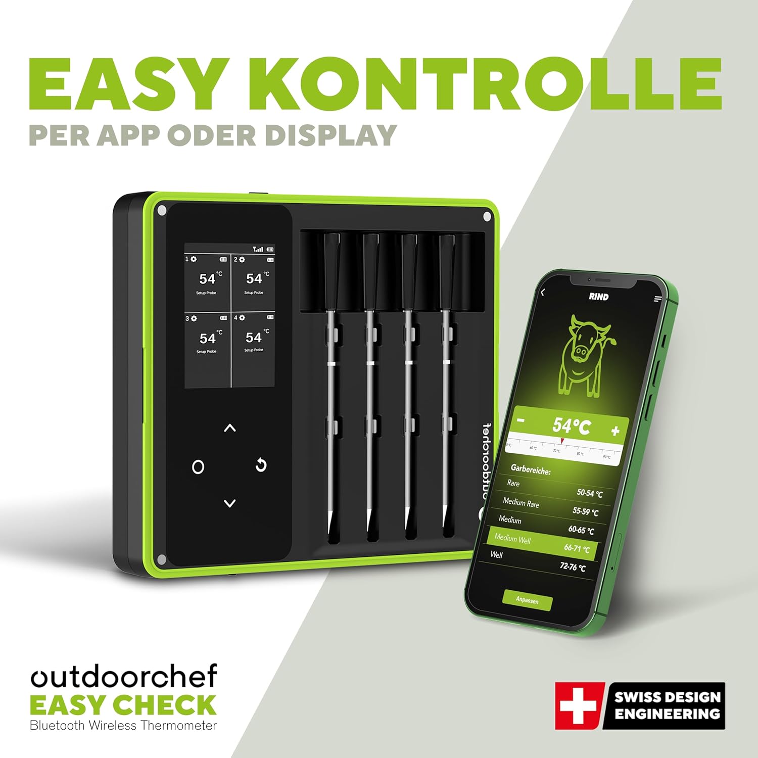 Outdoorchef Easy Check Thermometer Quadro – Wireless Bluetooth BBQ‑Thermometer mit App, 4 Fühler, 200m Reichweite, spülmaschinenfest, inkl. magnetischer Dockingstation