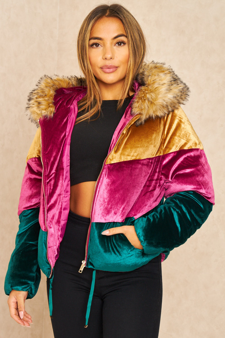 Doudoune tricolore en velours or