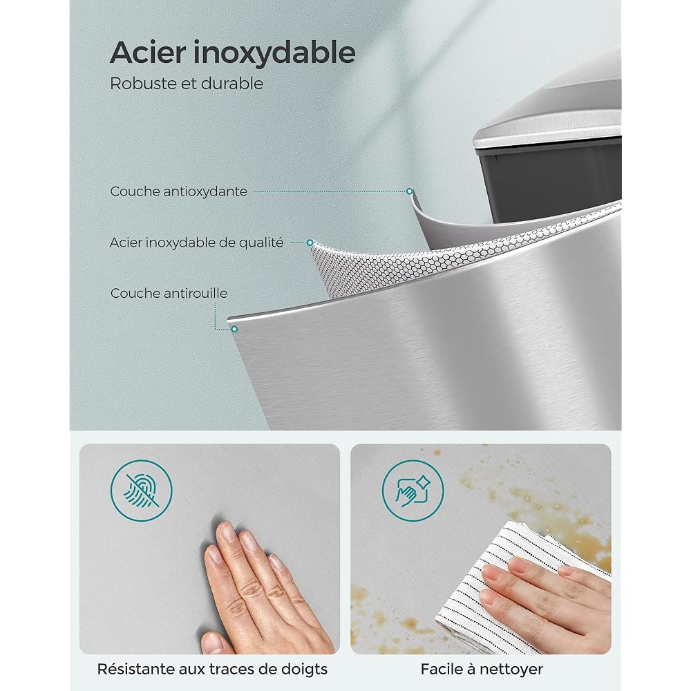 SONGMICS Poubelle de Cuisine 48L, Poubelle à Pédale, Fine, pour Petits Espaces, Couvercle à Fermeture en Douceur, avec Seau Intérieur, en Acier Inoxydable, 15 Sacs Poubelle Inclus, Argent LTB510E48 : Cuisine et Maison