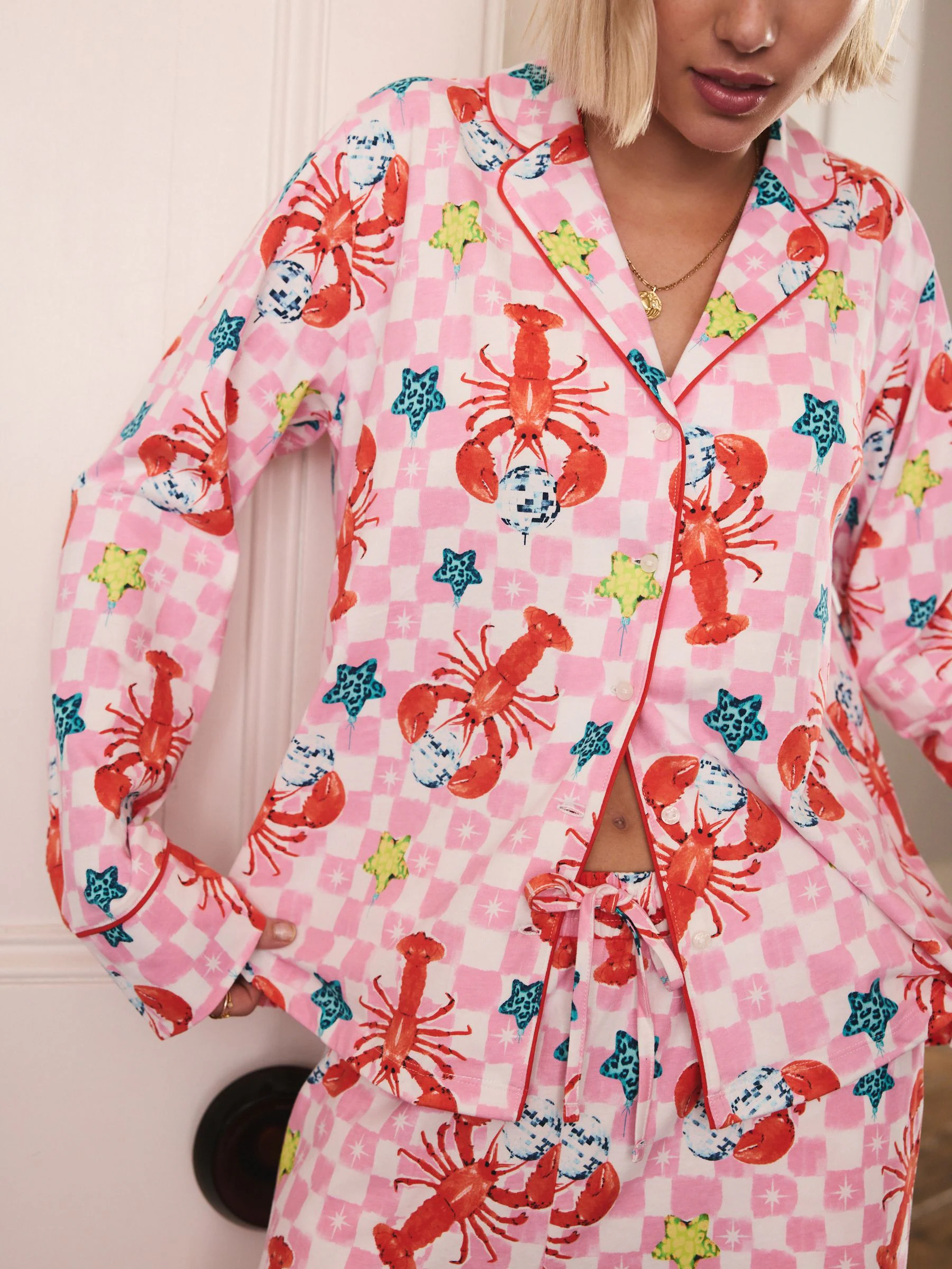 Roze Lobster - Pyjama met knopen en jerseystof