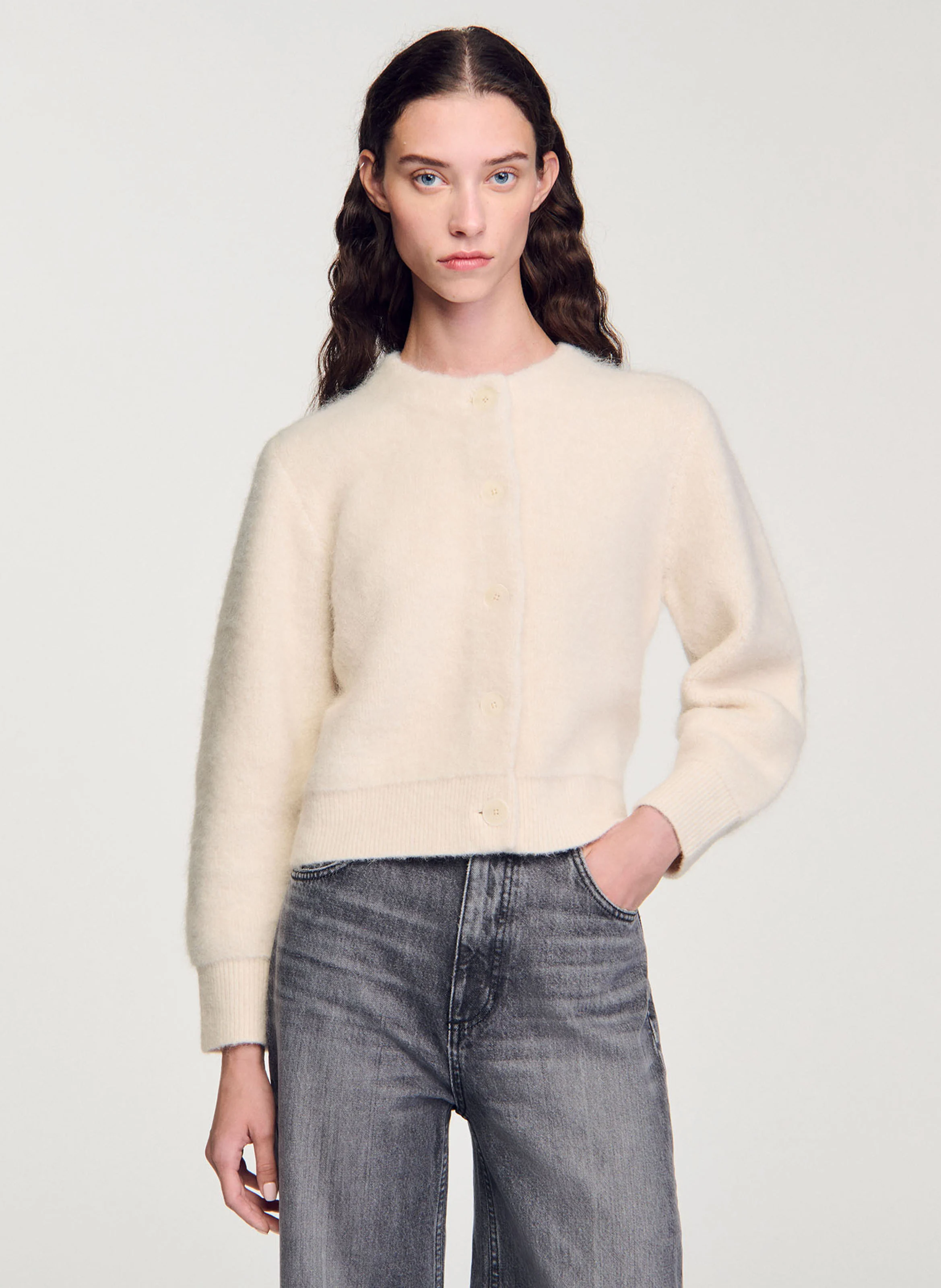 Gilet ample col rond en laine mélangée | Blanc
