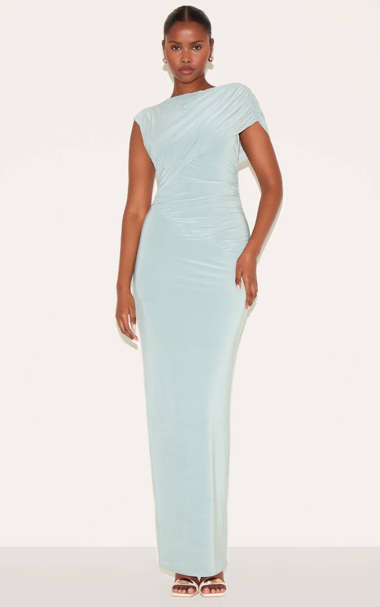 Vert Sauge Robe Longue Drapée À Épaules Dénudées Double Couche En Tissu Soyeux