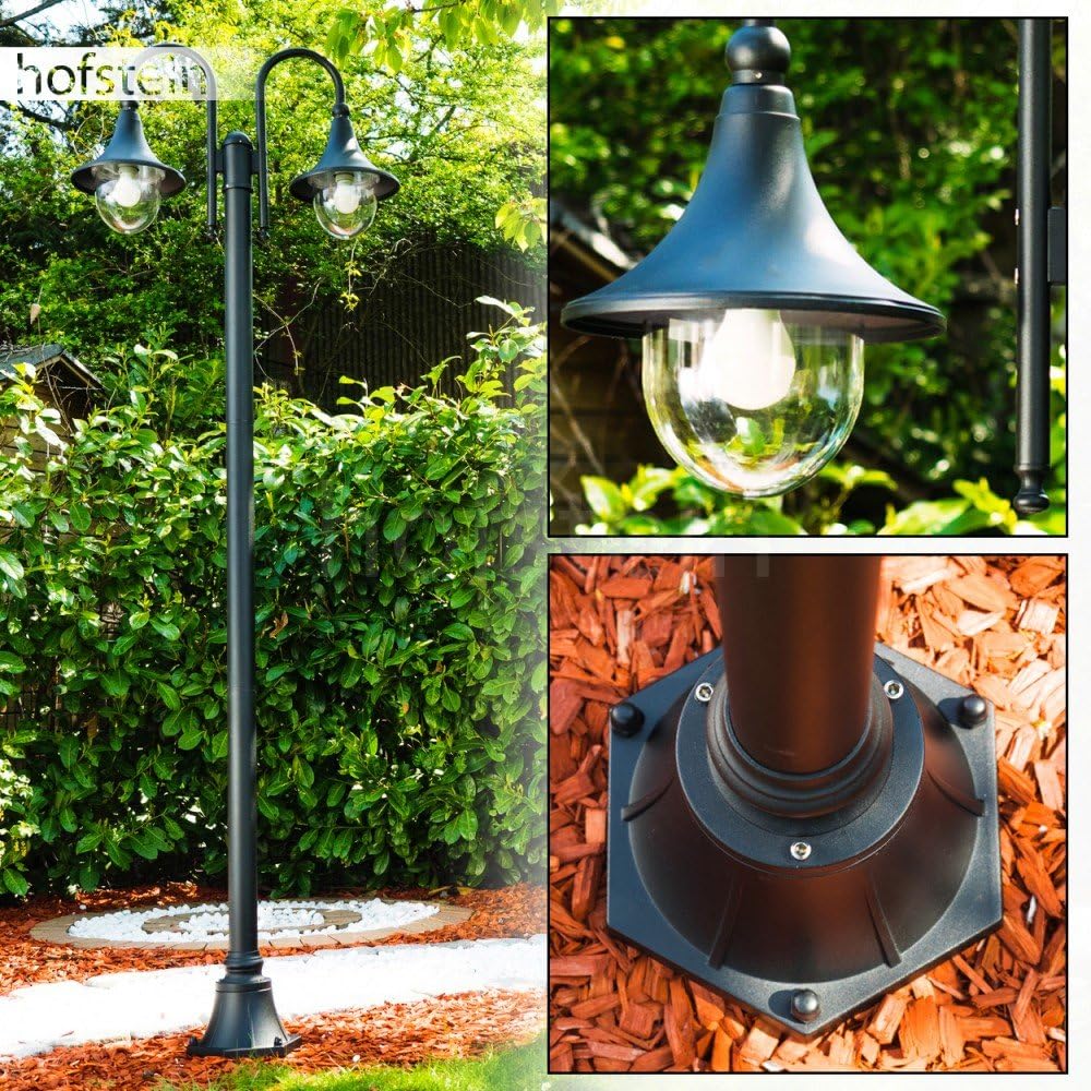 HOFSTEIN Kandelaber Elgin, Außenwegeleuchte aus Metall/Kunststoff in Schwarz-matt/Klar, Wegebeleuchtung in antikem Look 225 cm, 2xE27, IP44, Wegeleuchte im Vintage-Design für Garten, Außenbereich, Hof