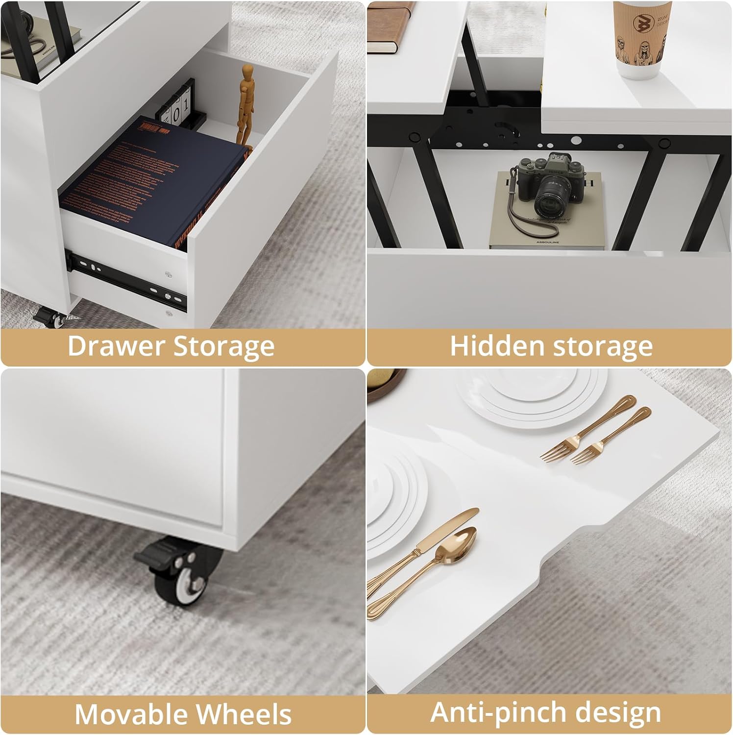 VOWNER Couchtisch Höhenverstellbar, 3-in-1-Multifunktions-Couchtisch Umwandelbar in Wohnzimmer-Esstisch, Couchtisch mit Verstecktem Stauraum, 120L x 60W x 68H cm (Weiß)