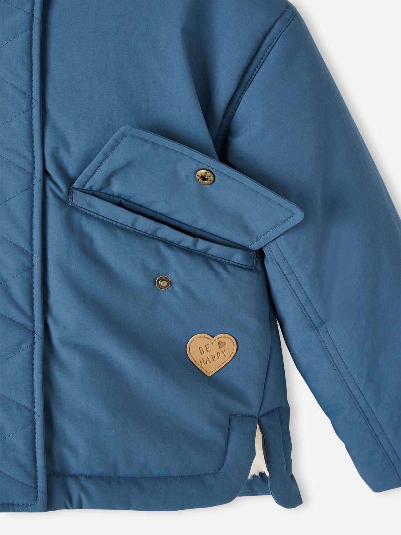 Parka curta com capuz e forro de sherpa para meninas, azul petróleo