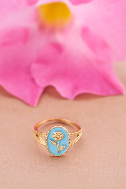 Art blauwe statement ring met bloem