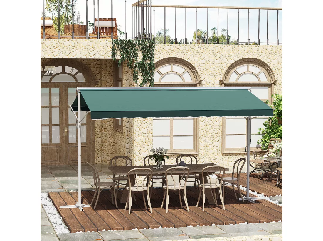 Store double pente manuel rétractable inclinaison réglable métal époxy blanc polyester imperméabilisé anti-UV vert dim. 3,95L x 2,98l x 2,55H m