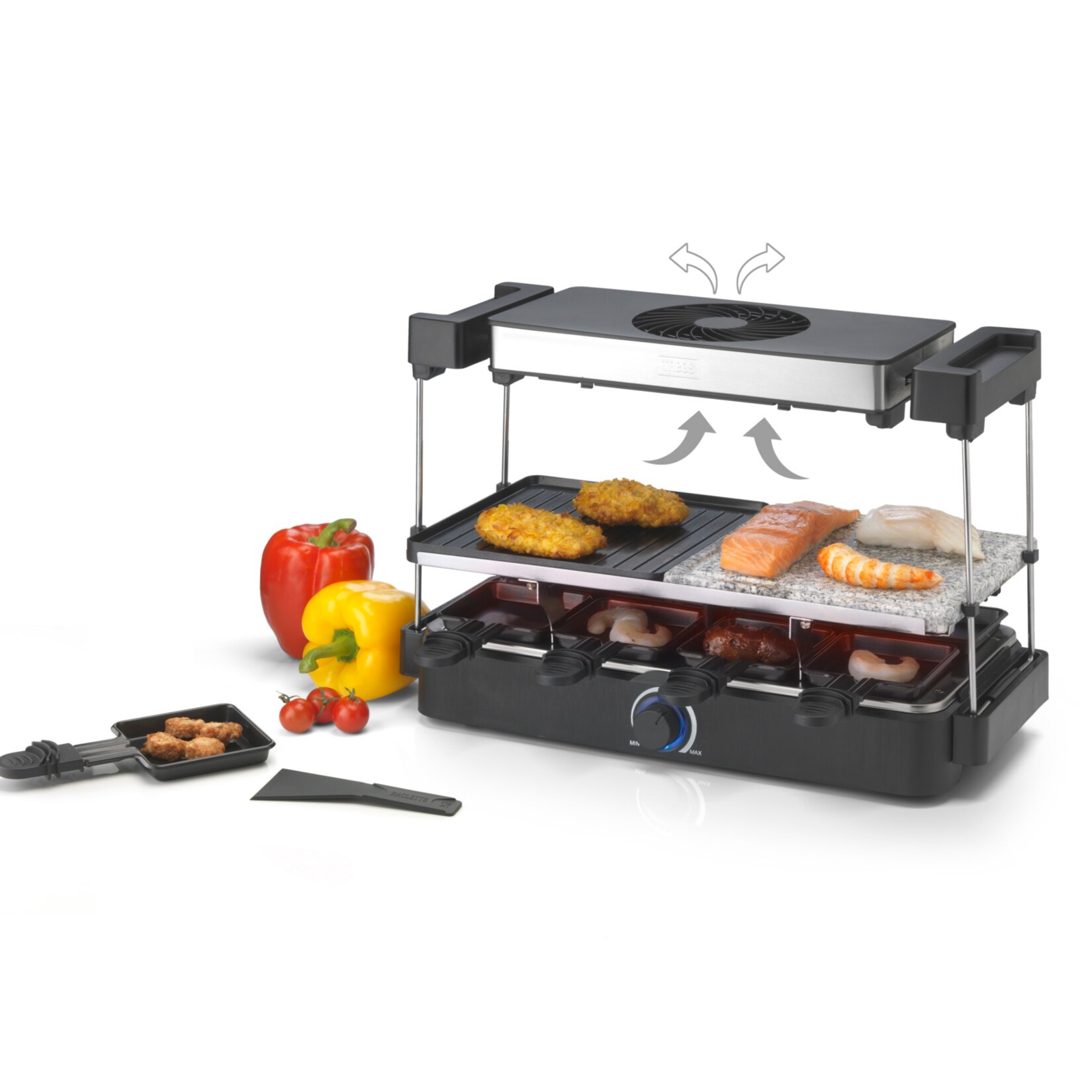 Trebs 15100 - Raclette für 8 Personen mit integriertem Dunstabzug - Steinplatte + Grillplatte
