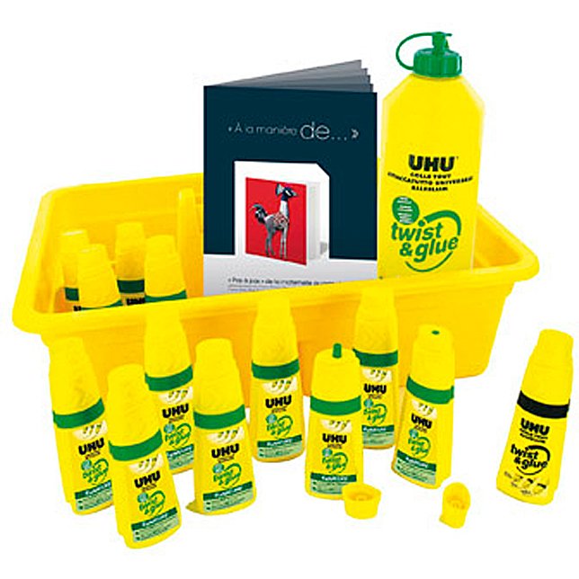 Colle uhu twist&glue extra forte transparente multi-matériaux coffret scolaire 12 flacons pleins+1 recharge