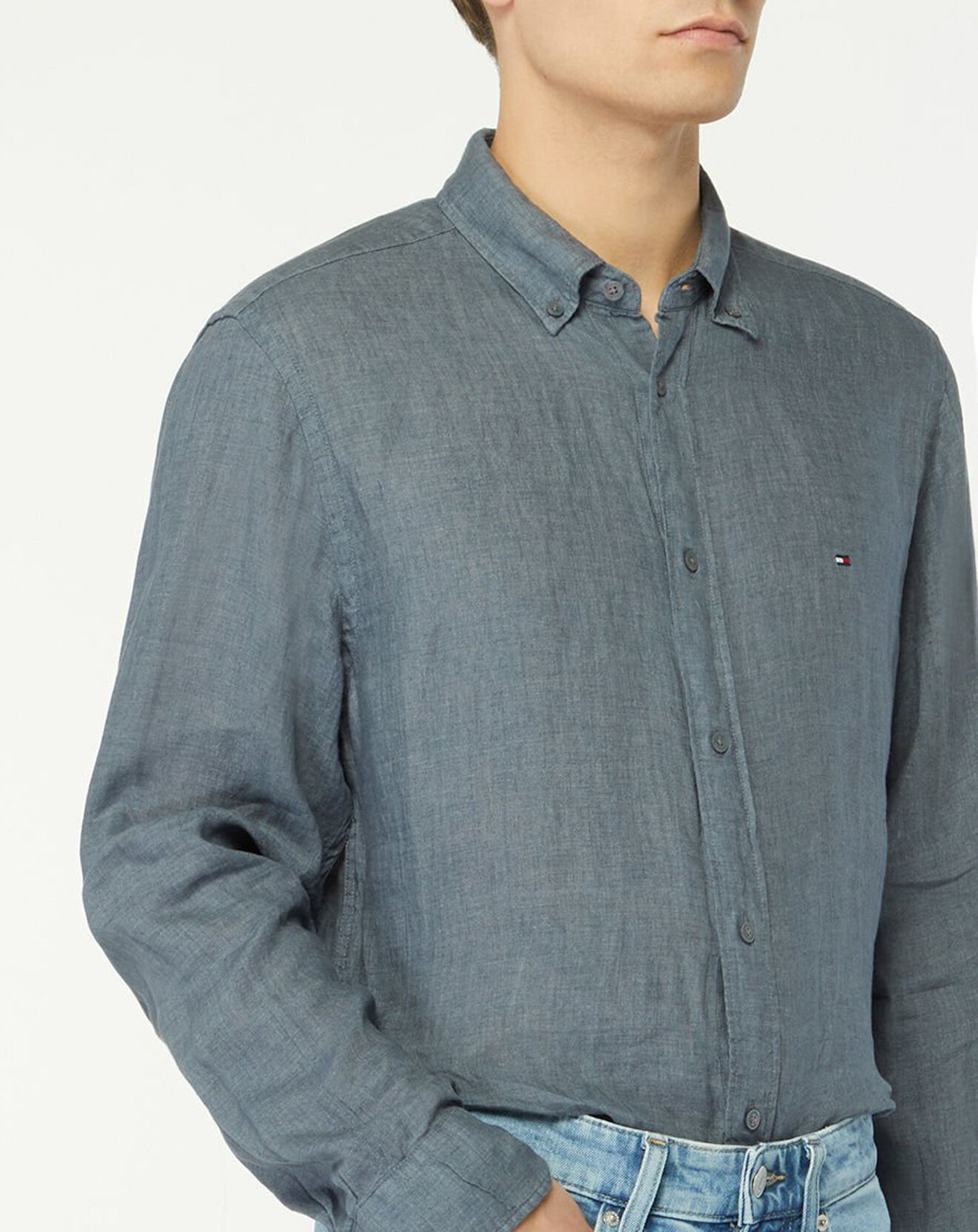 Tommy Hilfiger Chemise droite 100% Lin Pigment Dyed bleu denim