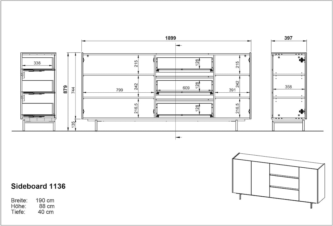 Sideboard EMMA 190 x 88 cm Castello-Eiche-Dekor beige/schwarz