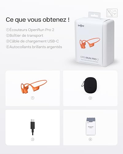 SHOKZ Casque à Conduction Osseuse OpenRun Pro 2, Écouteurs sans Fil Bluetooth 5.3, Microphones Réducteurs de Bruit, Étanchéité IP55, 12h d’Autonomie, Charge Rapide USB-C, Orange