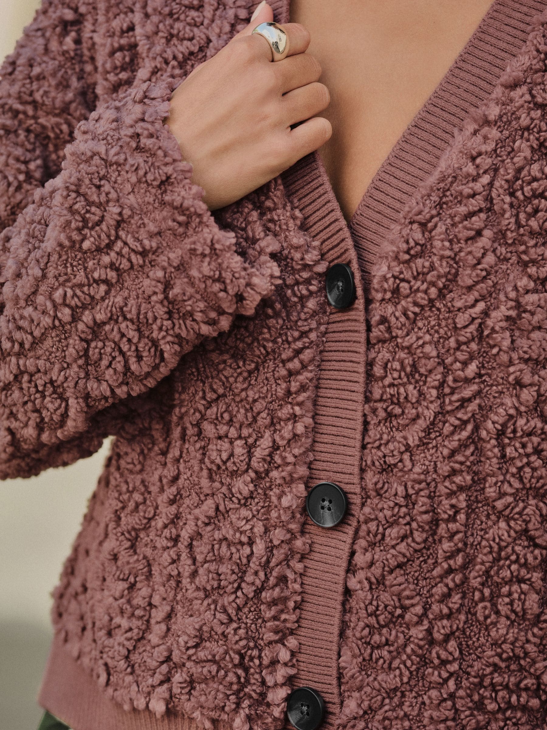 Roze - Fluffy Borg Cable Button Through Cardigan Fleece