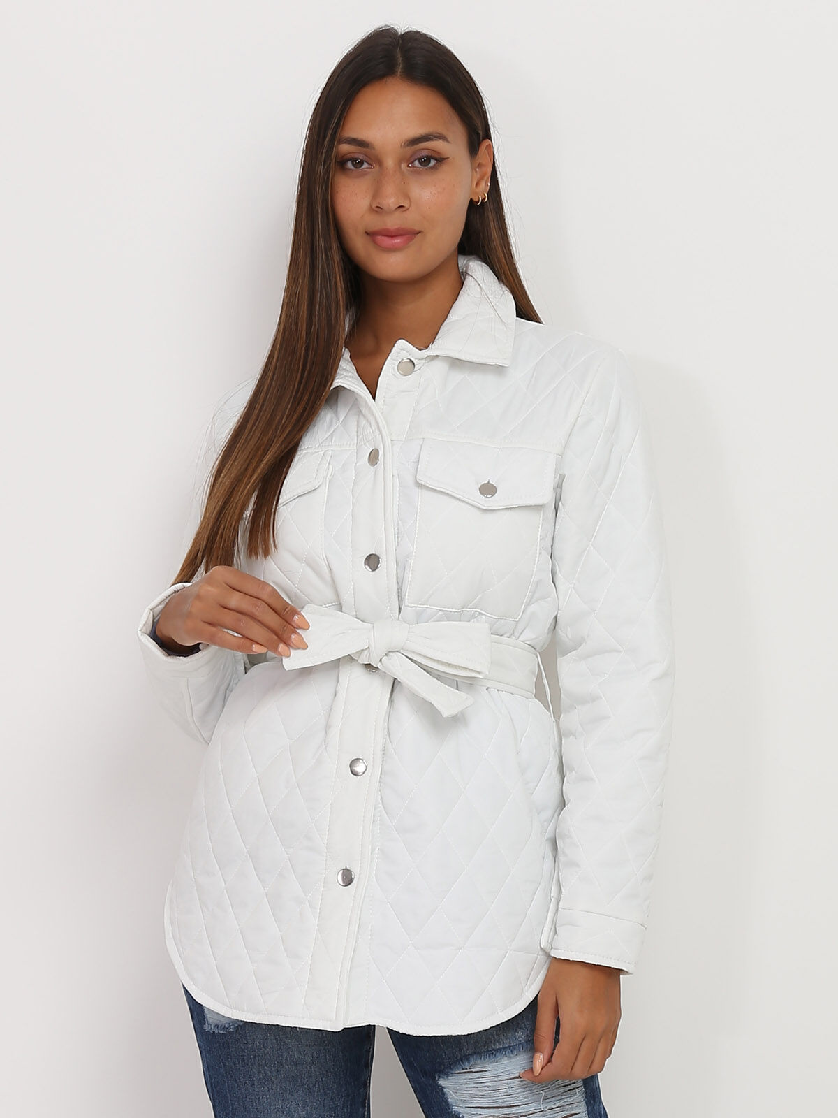 Veste matelassée avec ceinture à nouer- Blanc