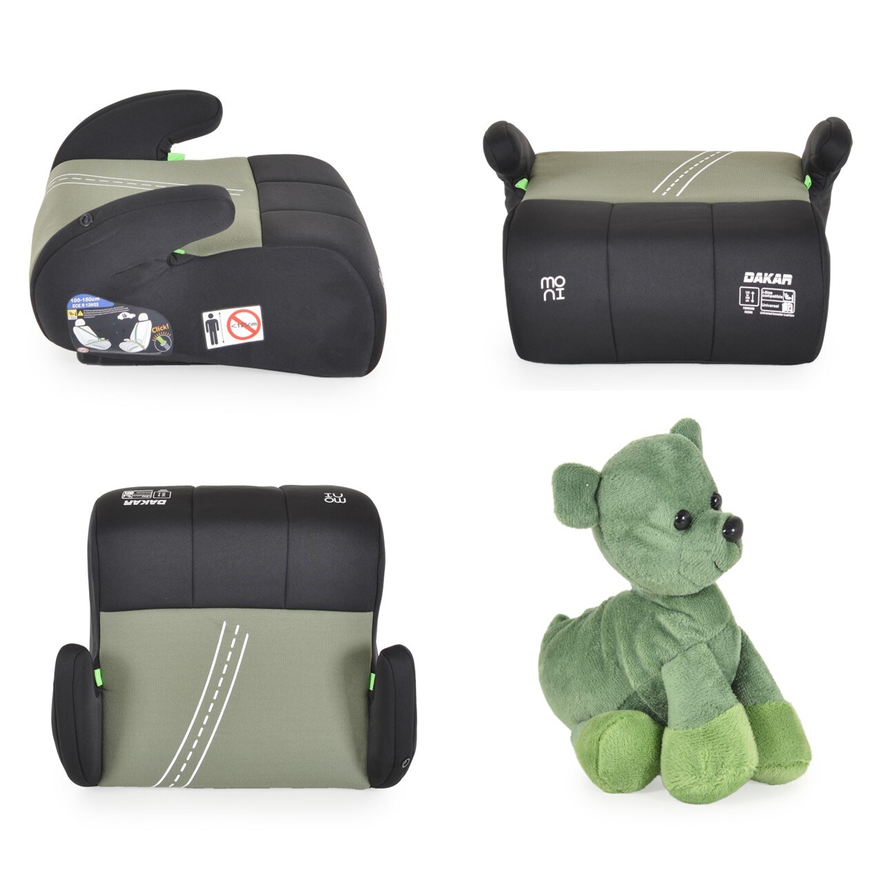 Moni Kindersitz Sitzerhöhung Dakar i-Size (125-150cm) Gruppe 3, Kuscheltier grün
