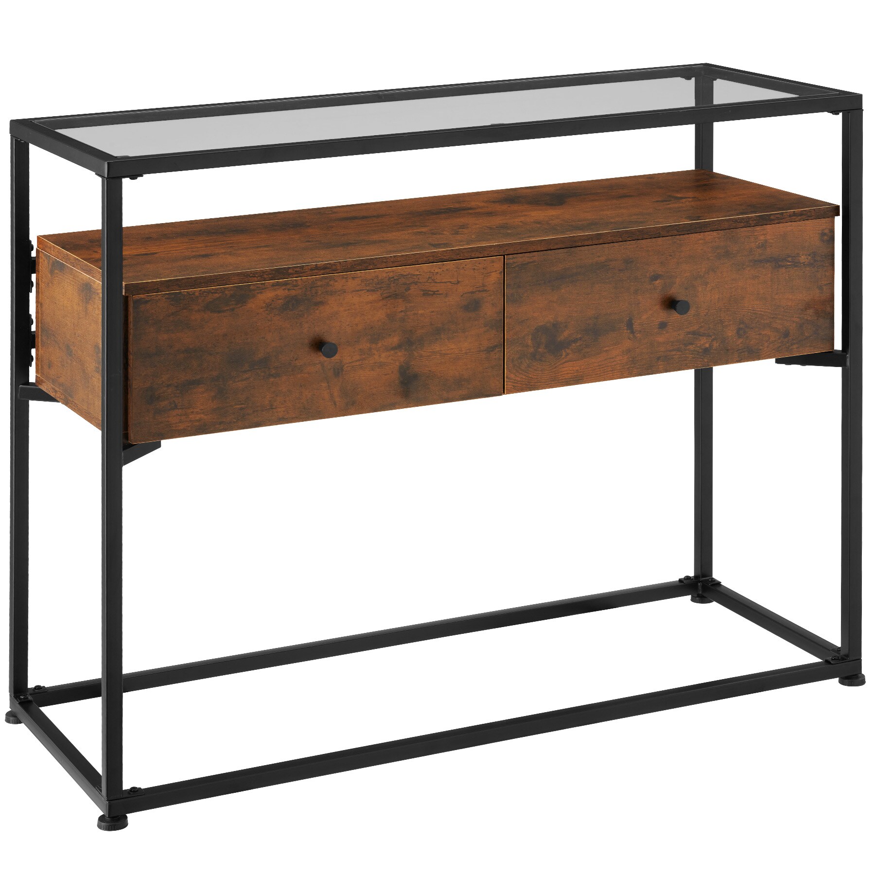 tectake® Konsolentisch, Industrial Style, Platte aus Sicherheitsglas, 2 große Schubladen, 101,5 x 41,5 x 80,5 cm