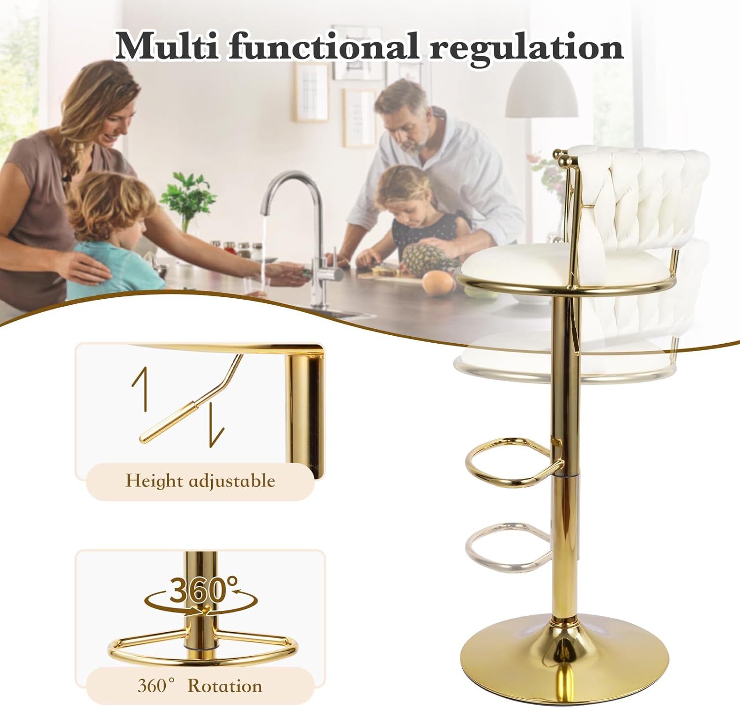 Aivermeil Barhocker 2er Set | Höhenverstellbar Barstuhl mit Metallrahmen • Ergonomisch Küchenhocker mit geflochtener Rückenlehne für Küche/Hausbar • Gold/Beige