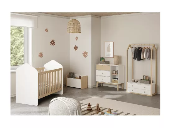 KAINA - Penderie 2 Tiroirs en MDF et Pin Coloris Blanc et Naturel