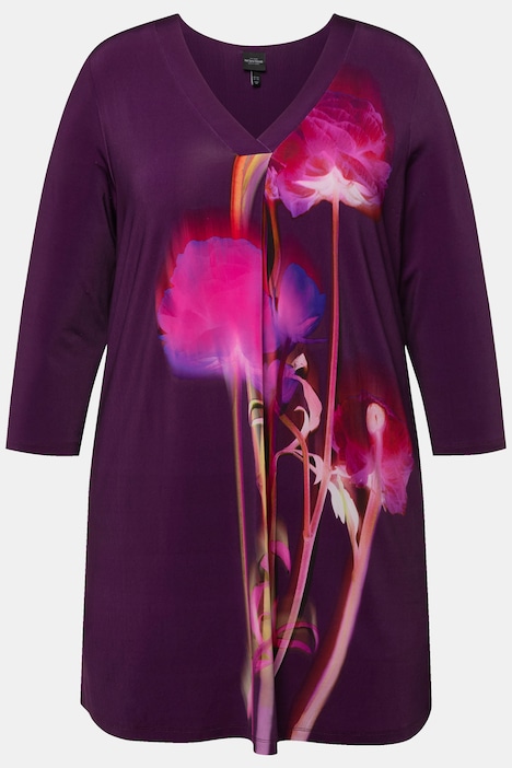 Slinkyshirt, Blüten, A-Linie, V-Ausschnitt, 3/4-Arm