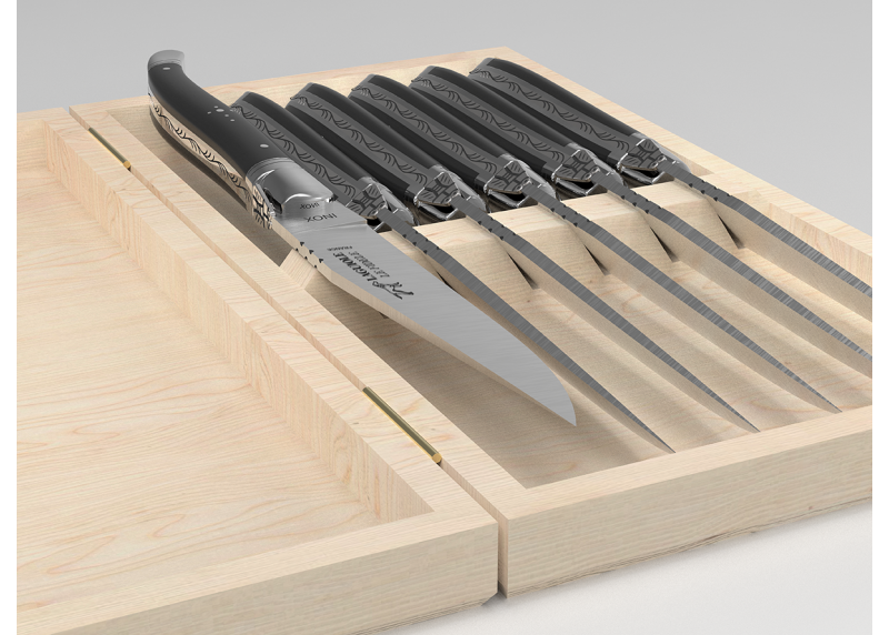 Service de 6 couteaux Laguiole avec un manche en bois d'ébène et mitres en acier inoxydable