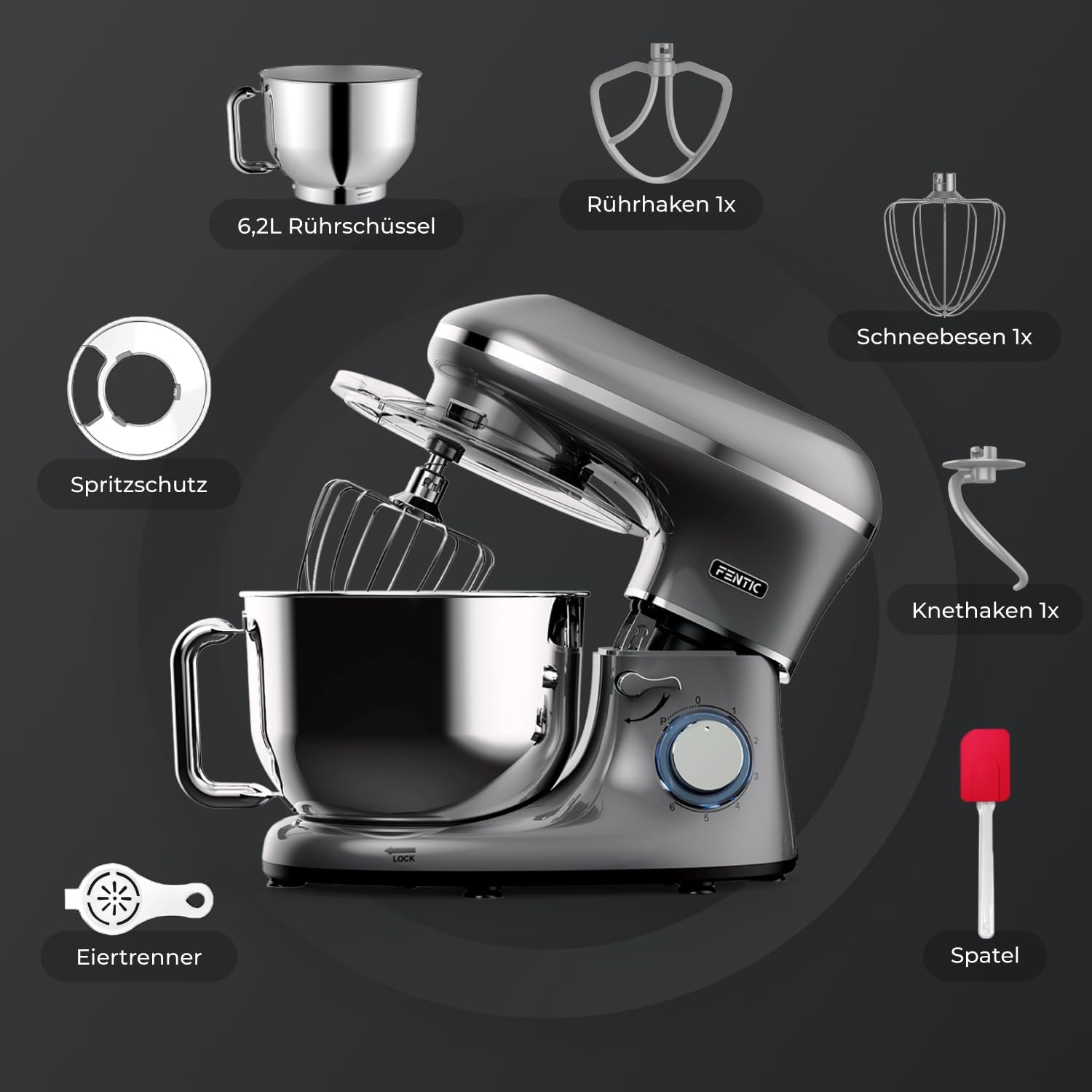 Küchenmaschine - 2000W - Edelstahl Rührschüssel (6,2 L) - Knetmaschine mit Rührhaken, Knethaken, Schlagbesen und Spritzschutz - Inkl. zusätzlichem Zubehör - Anthrazit