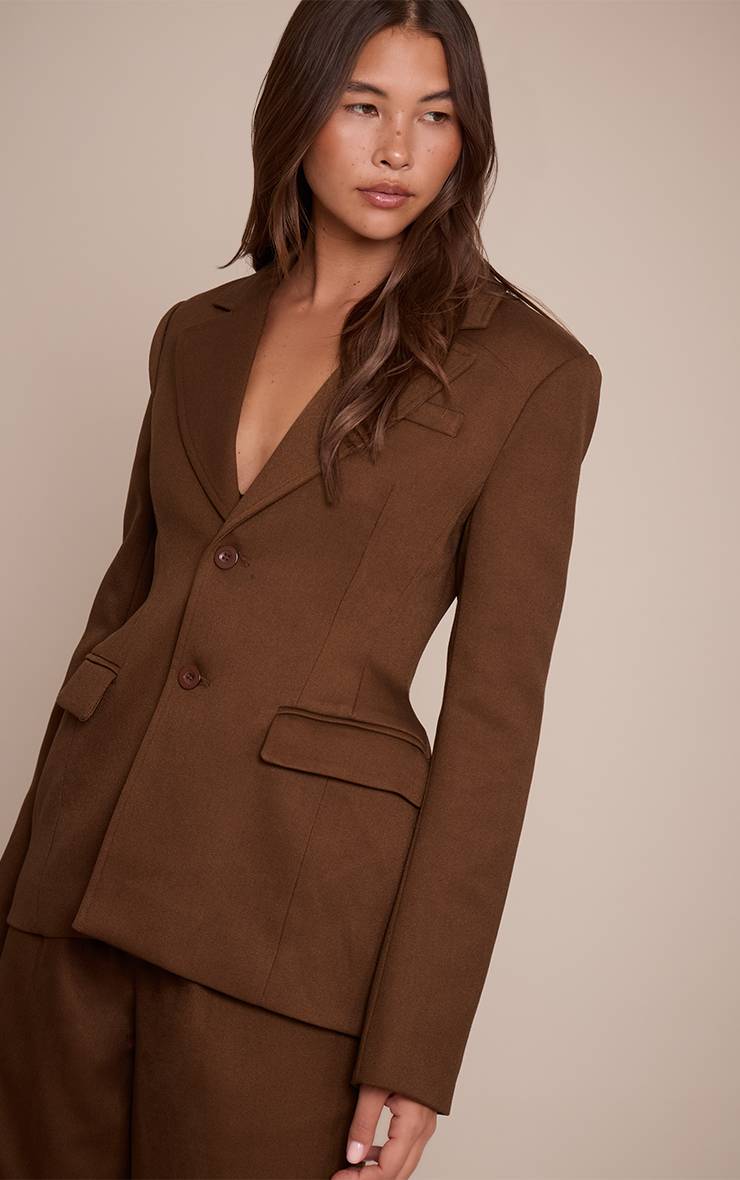 Chocolat Ensemble Coordonné Blazer Cintré À La Taille Avec Décolleté Plongeant En Tissu Tissé Ajusté
