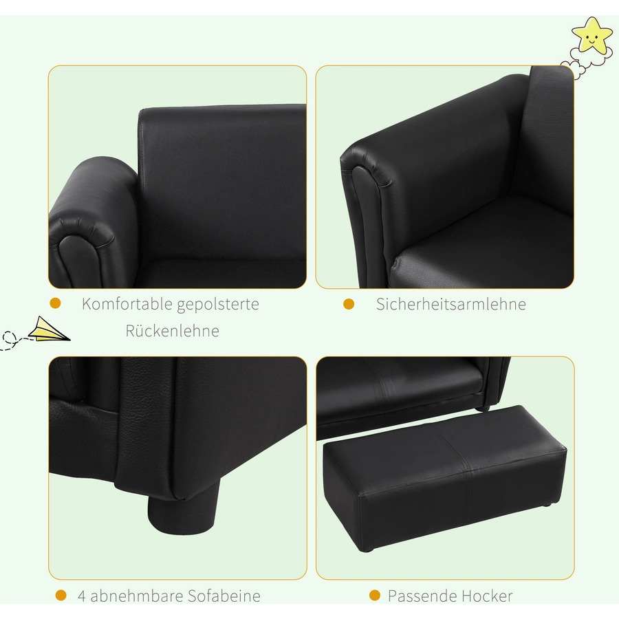 HOMCOM Kindersofa mit Hocker schwarz